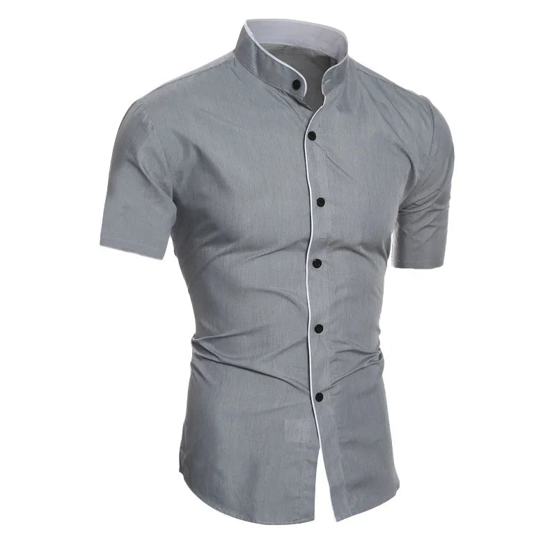 Summer men's stand collar solid color block short sleeve shirt casual fashion single breasted men's contrast shirt
