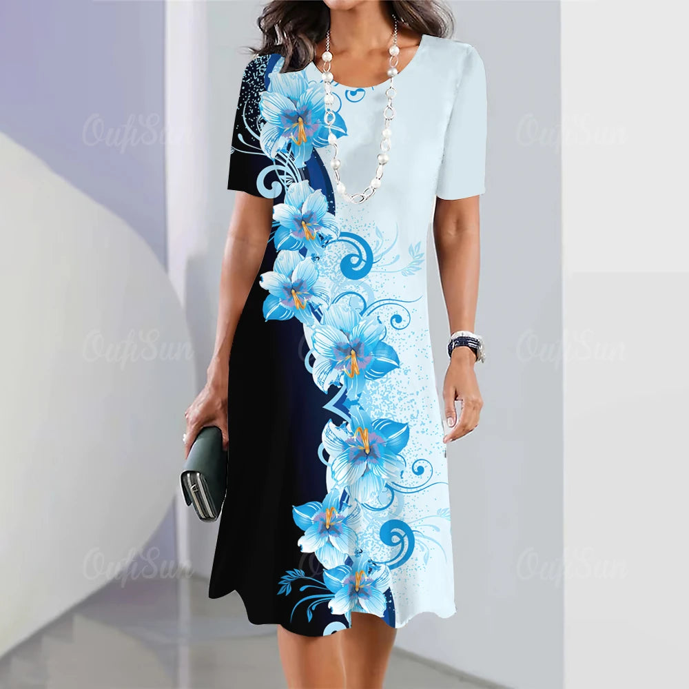 Summer Women'S Dresses 3d Art Flowers Printed Short Sleeve Clothing Elegant Loose A-Line Skirt Fashion Lady Large Size Dress