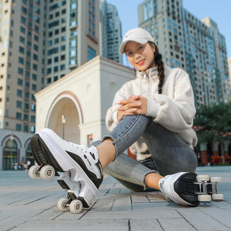 Deformation Shoes Roller Sneakers With 4 Wheels Skates Adult Kids Runaway Parkour Wheels Shoes For Women Men Youth Sport Shoes