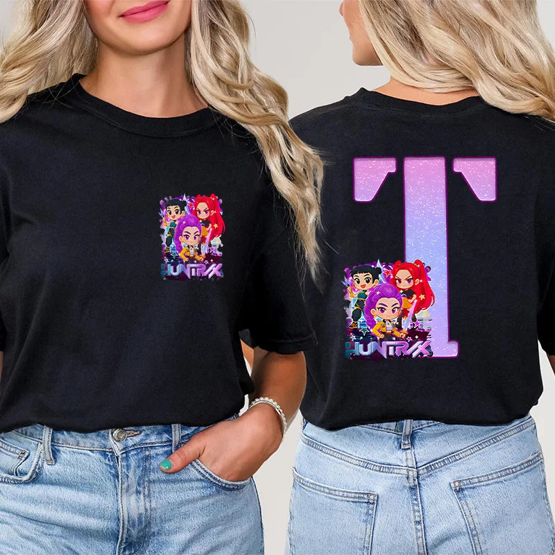 Fashion A-Z 26 Letter T-Shirts Kpop Demon Hunters Graphic Aesthetic Clothing Women T-Shirt Harajuku Female Clothing Y2k Tops