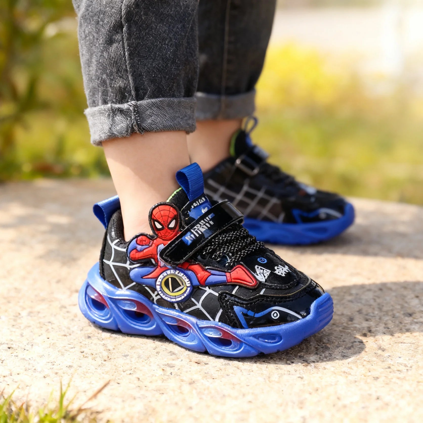 Boys Glowing Light Up Shoes Kids Leather Spider-Man Single Sneakers Kids LED Luminous Children's Shoes Kids Shiny Light Sneakers