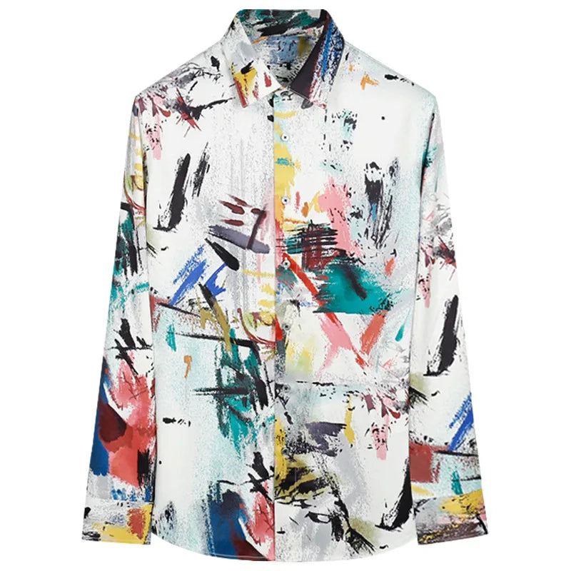 2025 Silk Shirt Men Fashion Graffiti Print Long Sleeve Casual Shirts Slim Social Streetwear Non Ironing Nightclub Stage Shirt