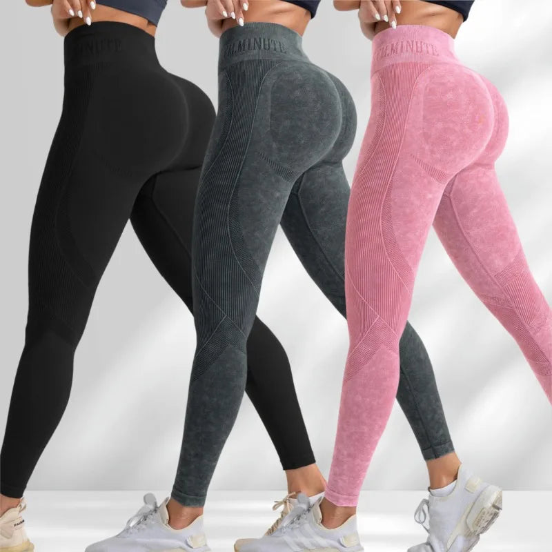 Women Seamless Gym High Waist Yoga Pants Hip Lifting Outdoor Sports Tight Waist Letter Sand Washed Pants Exercise Yoga Leggings