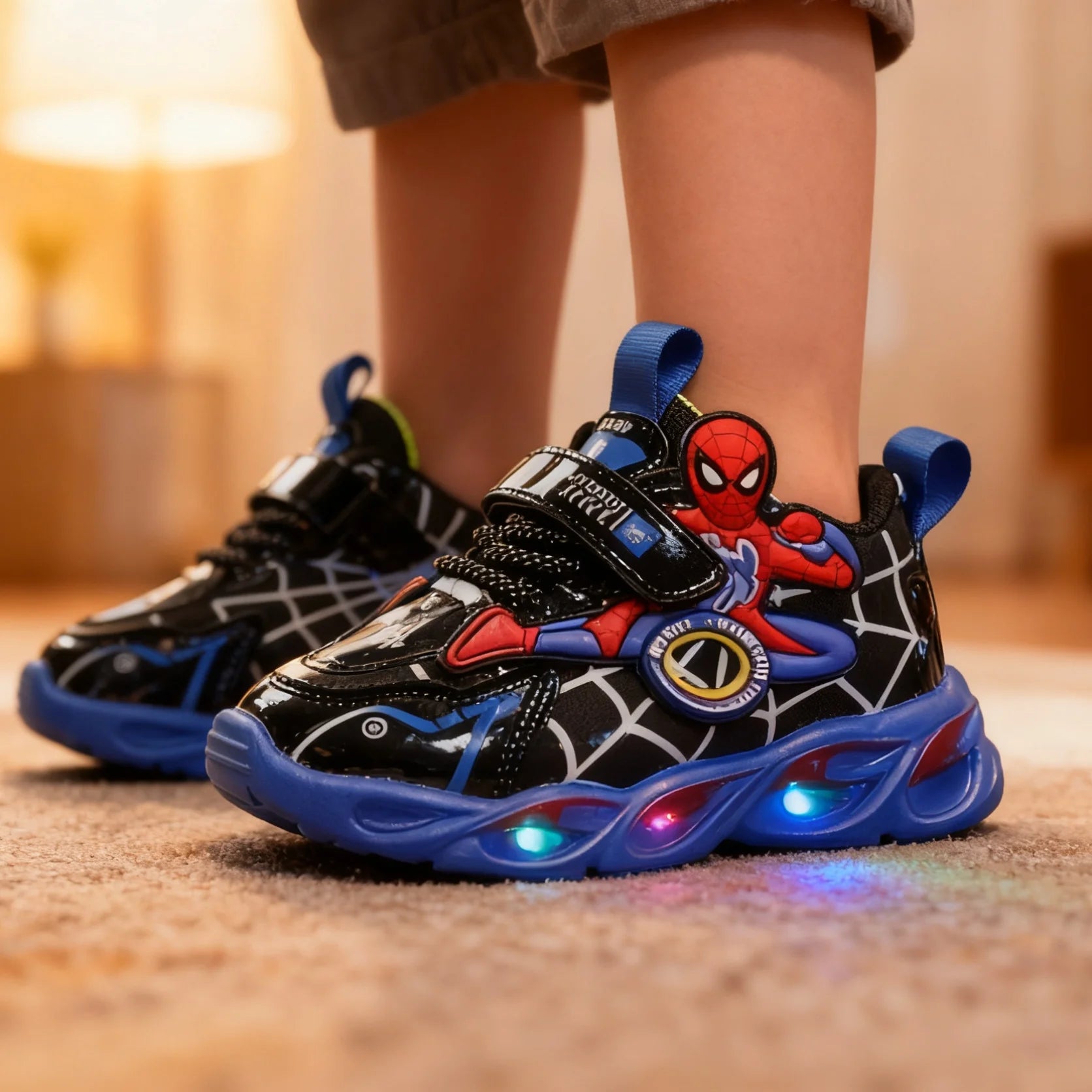 Boys Glowing Light Up Shoes Kids Leather Spider-Man Single Sneakers Kids LED Luminous Children's Shoes Kids Shiny Light Sneakers