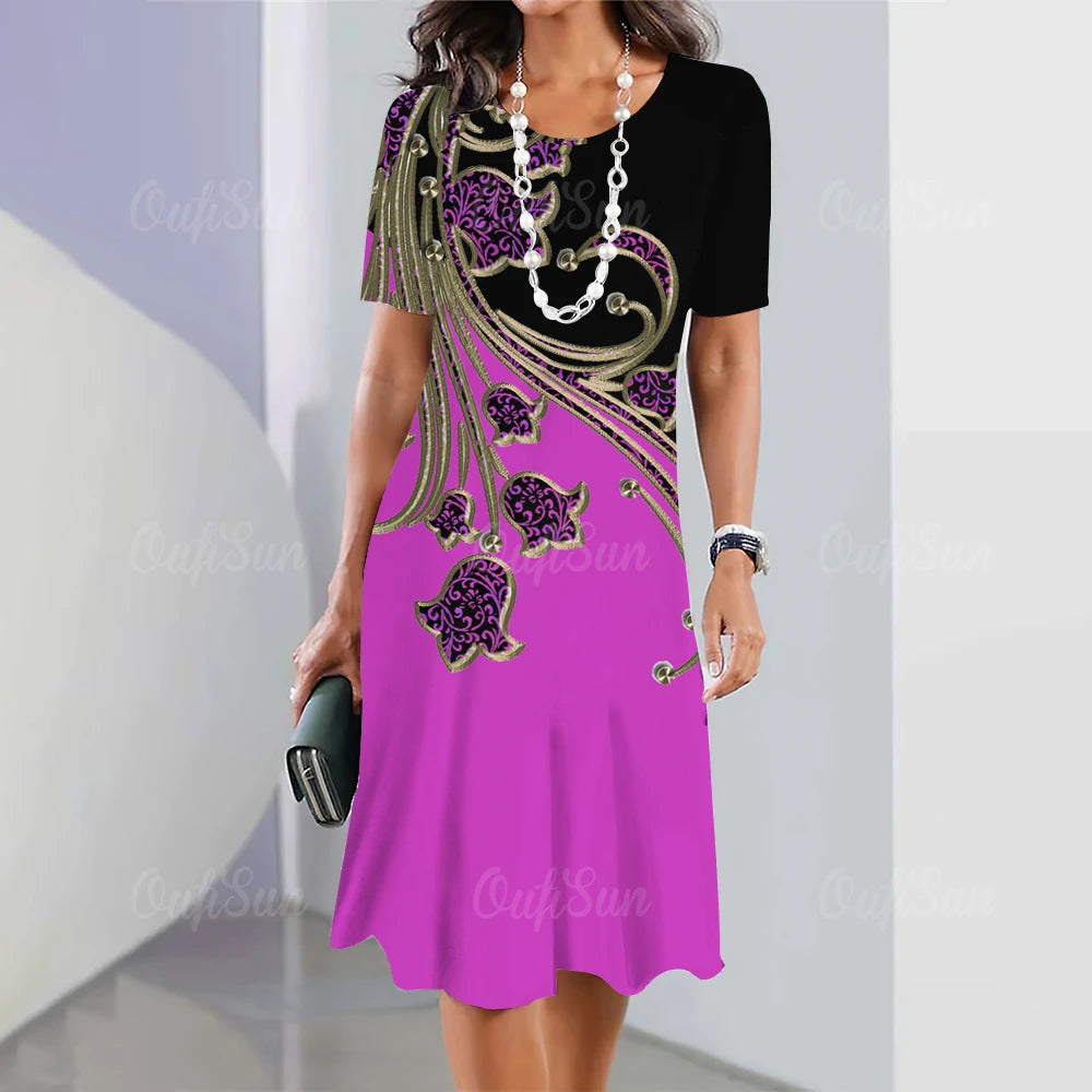 Summer Women'S Dresses 3d Art Flowers Printed Short Sleeve Clothing Elegant Loose A-Line Skirt Fashion Lady Large Size Dress