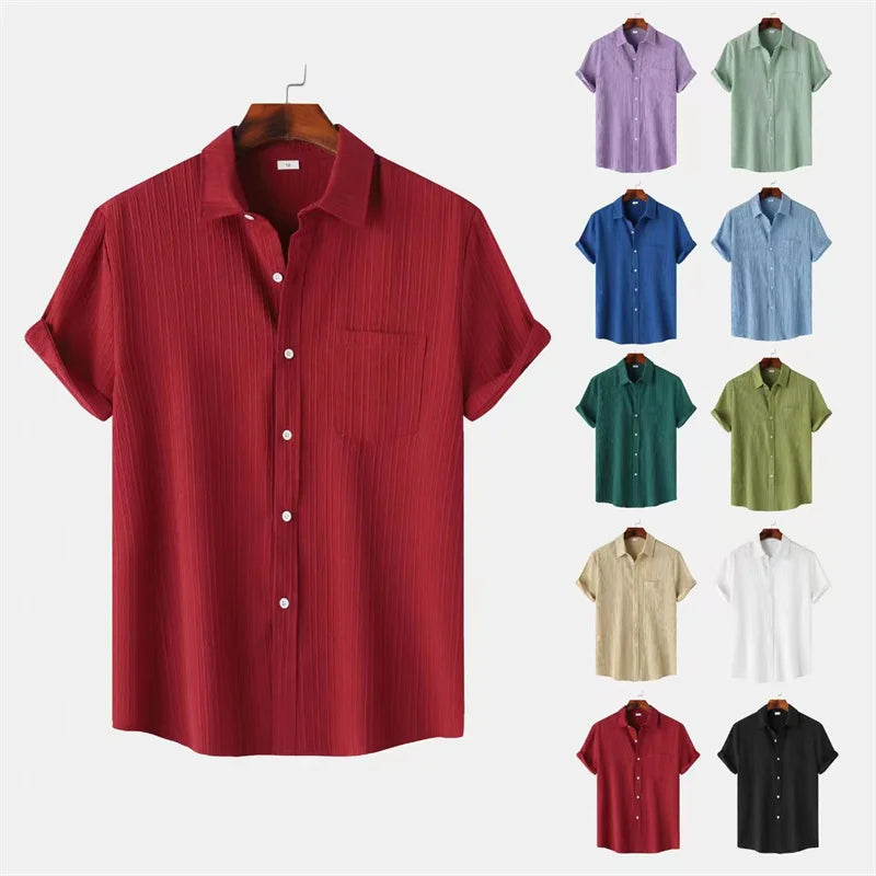 New 9 Color Men's Solid Striped Shirt Summer Fashion Short Sleeve Flap Top Men Casual Holiday Everyday Men