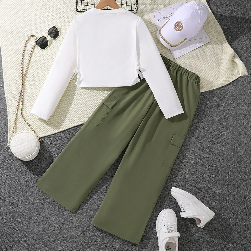 2024 New Spring Autumn Girls Matching Clothes 8-12 Years Solid Color Vacation Party Daily Casual Clothing Korean Style Outfits