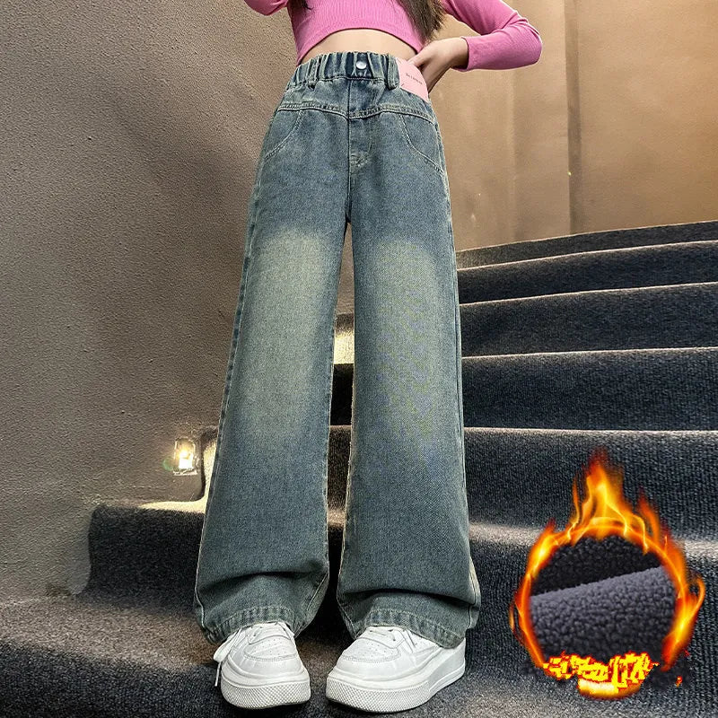 Korean Style Children Insulated Jeans for Girl Baby Warm and Thick Thermal Denim Pants for Girls Autumn Winter Trousers for Kids
