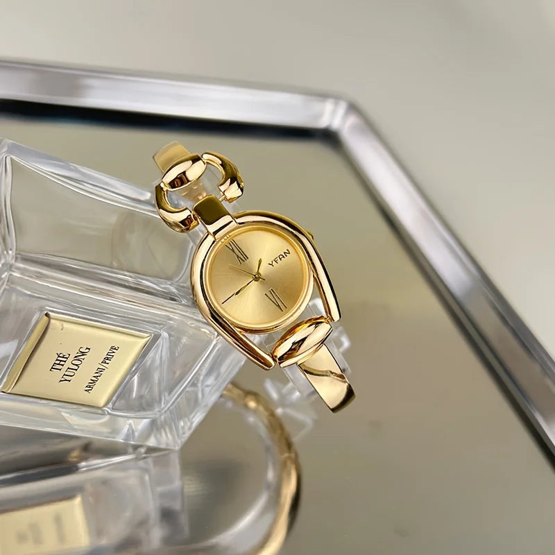 1pc Elegant Ladies Luxury Golden-Tone Quartz Watch - Retro Fashion Analog Bracelet With Alloy Band And Clasp, Fashion Accessory