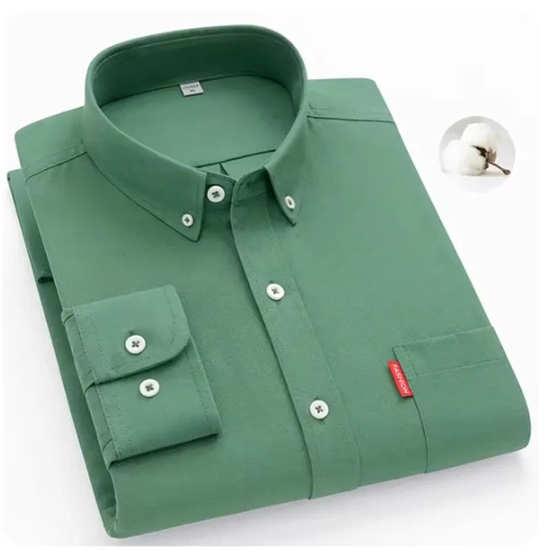 Men's Oxford Long Sleeve Shirts 100% Cotton Solid Color Turn Down Collar Regular Fit Daily Men Clothing Button-down Shirts 5XL