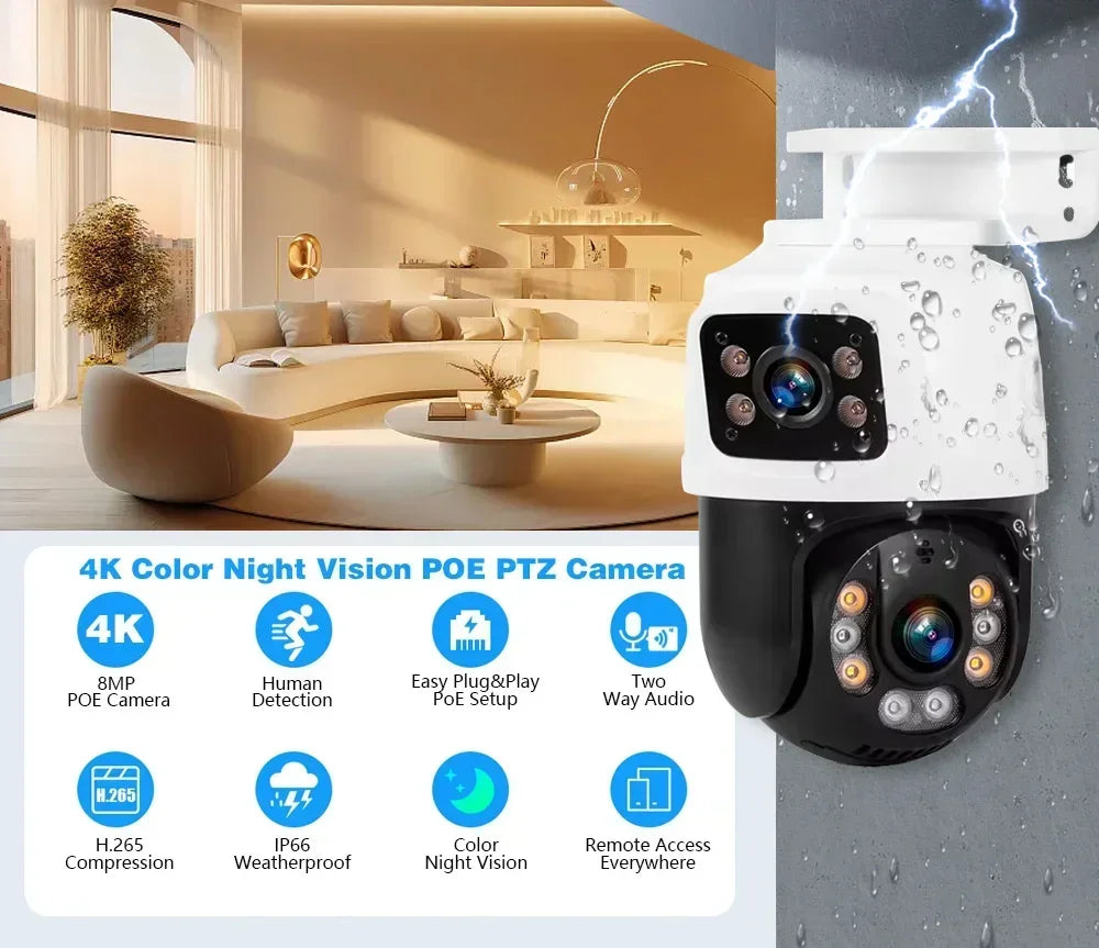 8MP 4K Dual Lens POE IP Camera PTZ Dual Screens Smart Home 360° Wired Video Surveillance IP Camera Motion Detection CCTV ICsee