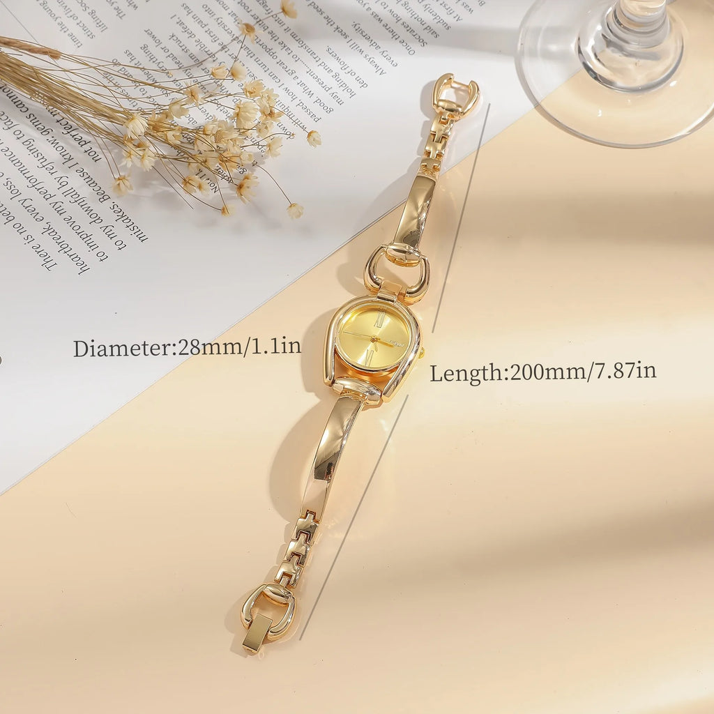 1pc Elegant Ladies Luxury Golden-Tone Quartz Watch - Retro Fashion Analog Bracelet With Alloy Band And Clasp, Fashion Accessory