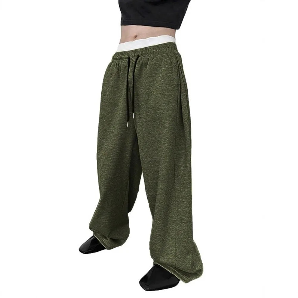 2025 New European and American Men's Sports Pants with Drawstring Waist, Wide Legs, Loose Pants with Pockets