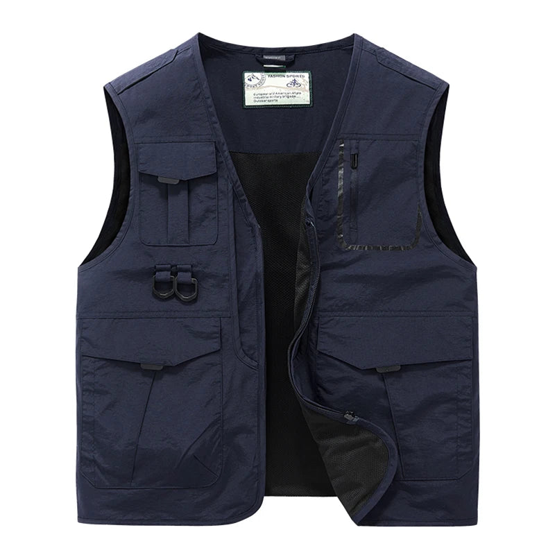 2024 Men Spring Sleeveless Many Pocket Stand Collar Vest Jackets Men Solid Color Outdoors Fishing Cargo Casual Vest Jackets Male