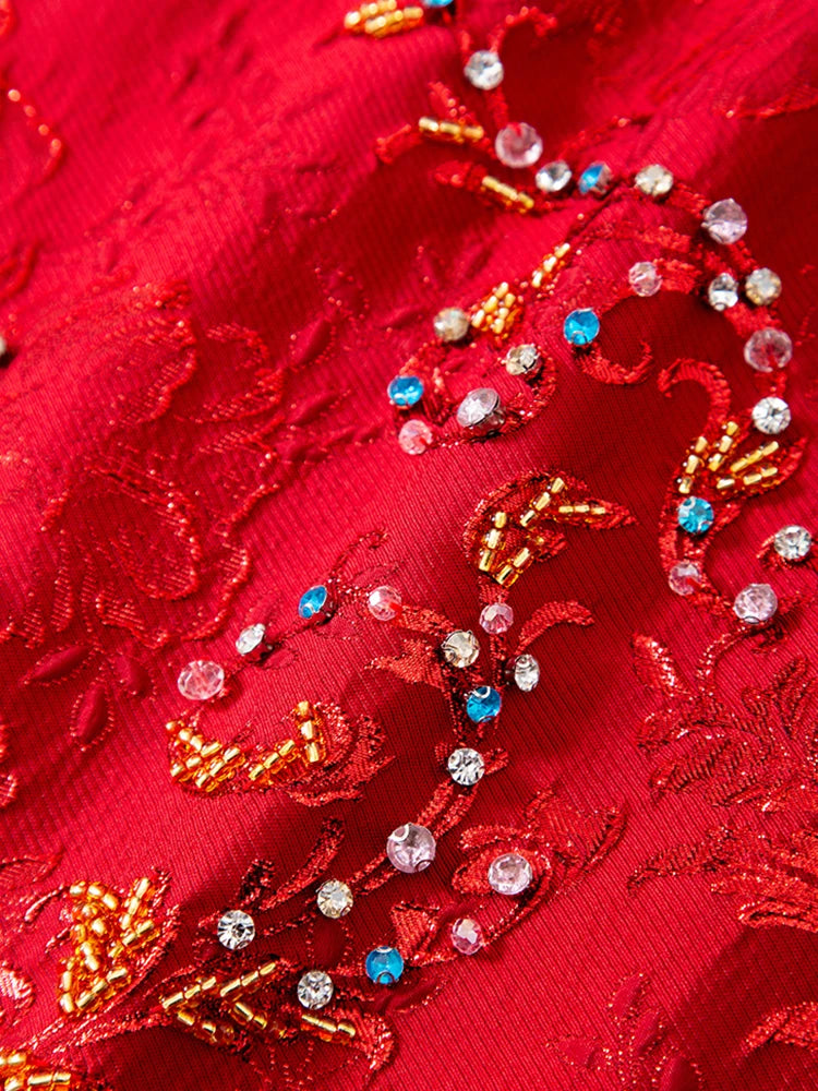 Red Chinese Style Sleeveless Beaded Dress for Wedding, Banquet, Evening Party Elegant Midi Dress for Women