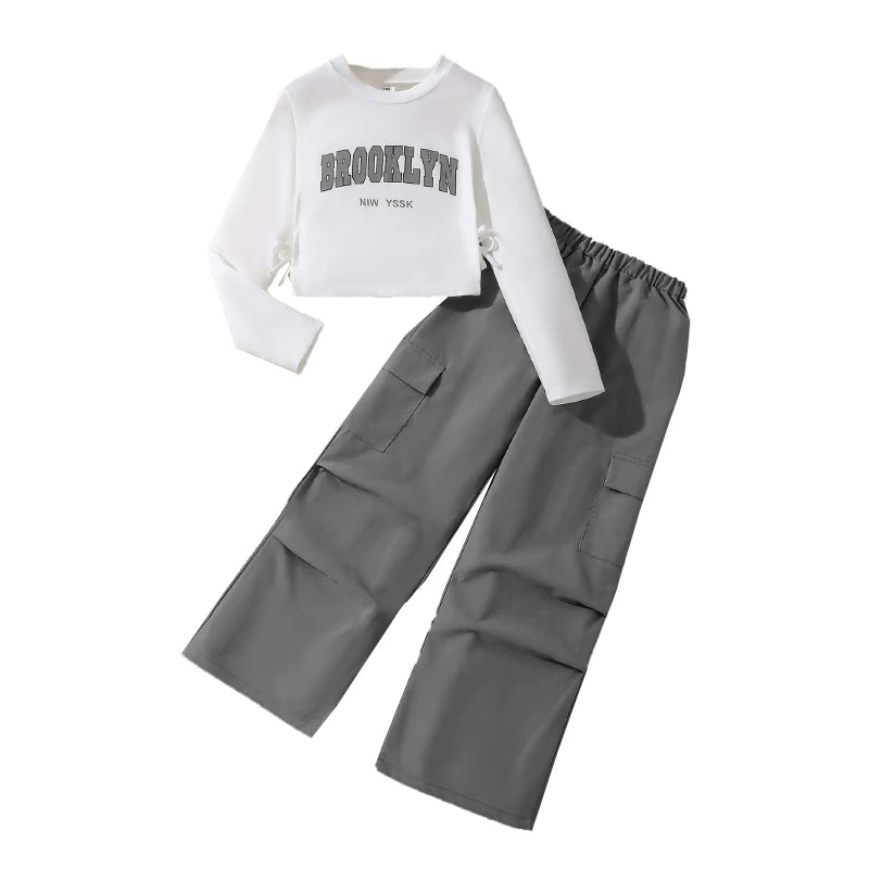 2024 New Spring Autumn Girls Matching Clothes 8-12 Years Solid Color Vacation Party Daily Casual Clothing Korean Style Outfits