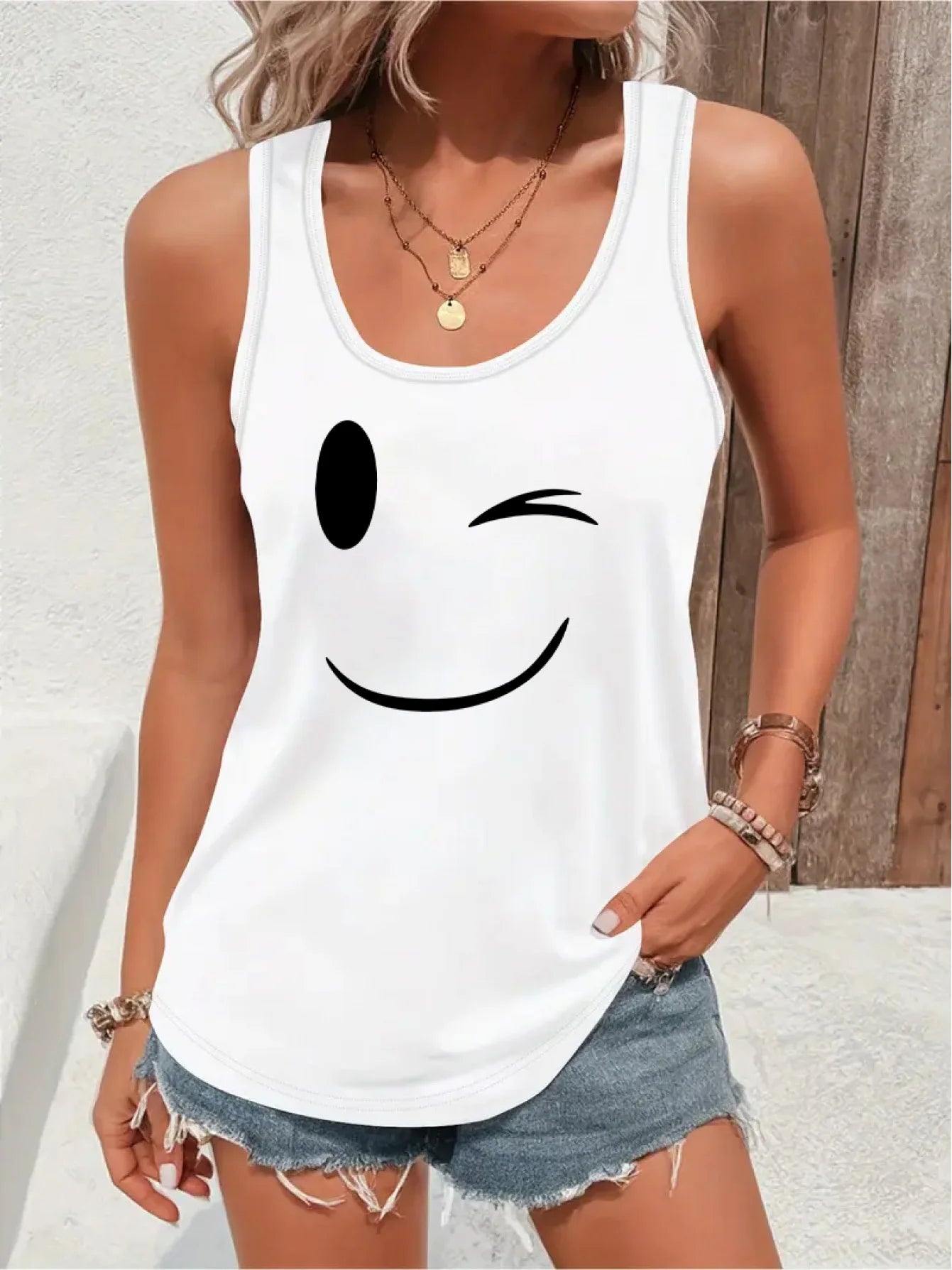 Loose plus size wing pattern printed round neck white vest summer casual sleeveless top women's clothing