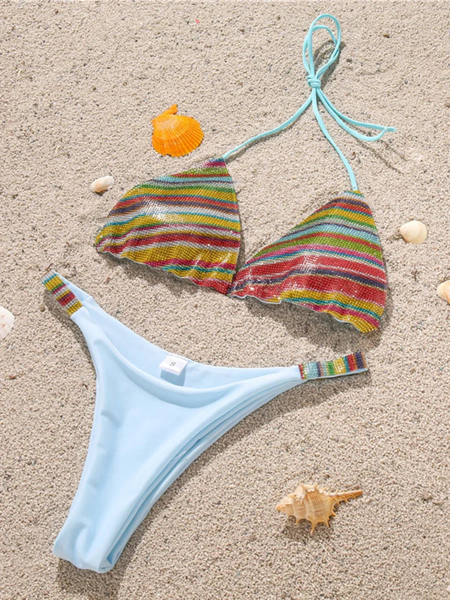 Halter Jewelled Sequins Diamond Bikini Women Swimsuit Female Swimwear Two Pieces Bikini Set Mini Micro Bathing Suit Swim Lady