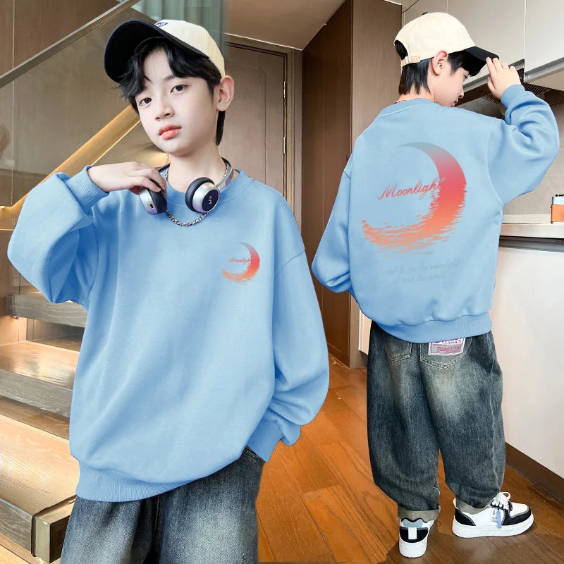 3-14 Years Boys Girls Sweatshirt Pullover Autumn Moon Graffiti Printed Long Sleeves T-Shirt Tops Korean Casual Kids Clothes 2025
