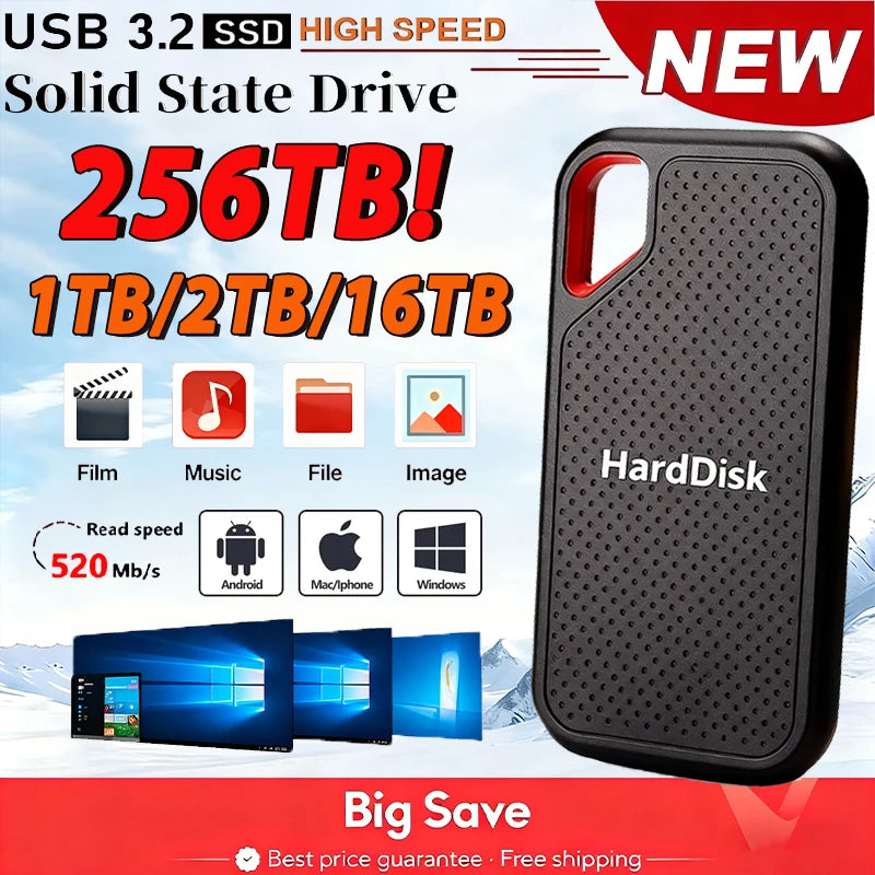 128TB Rugged External Hard Disk USB3.2 High-Speed Solid Hard Drives Portable Data Storage Drive for Laptop/PC Shock-Resistant
