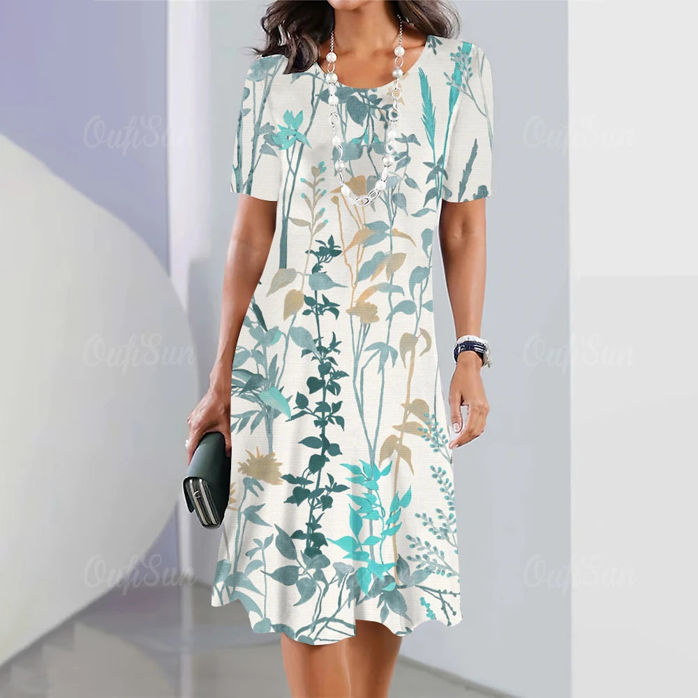 Summer Women'S Dresses 3d Art Flowers Printed Short Sleeve Clothing Elegant Loose A-Line Skirt Fashion Lady Large Size Dress