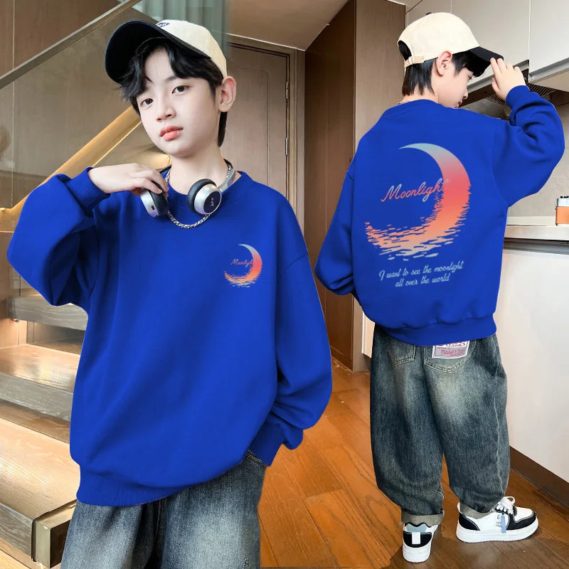 3-14 Years Boys Girls Sweatshirt Pullover Autumn Moon Graffiti Printed Long Sleeves T-Shirt Tops Korean Casual Kids Clothes 2025