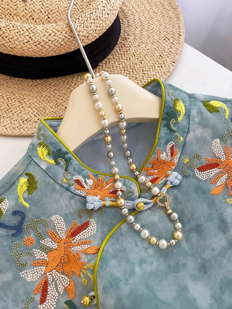 Chinese Style Blue Cheongsam Dress Women Autumn 2025 Embroidered Slim Fit Elegant Qipao Midi Dress Vintage Fashion