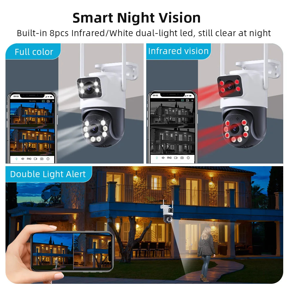 8MP 4K iCSee WiFi Camera PTZ Dual Screens Auto Tracking Night Vision CCTV Surveillance Camera Outdoor 6MP Security IP Camera