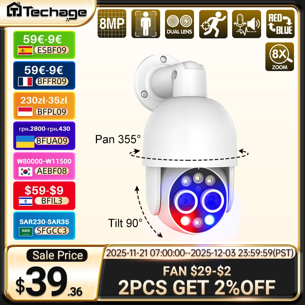 Techage HD 8MP POE IP Camera Outdoor Audio Dual Lens CCTV Video Smart AI Security Camera PTZ Security Surveillance System NVR