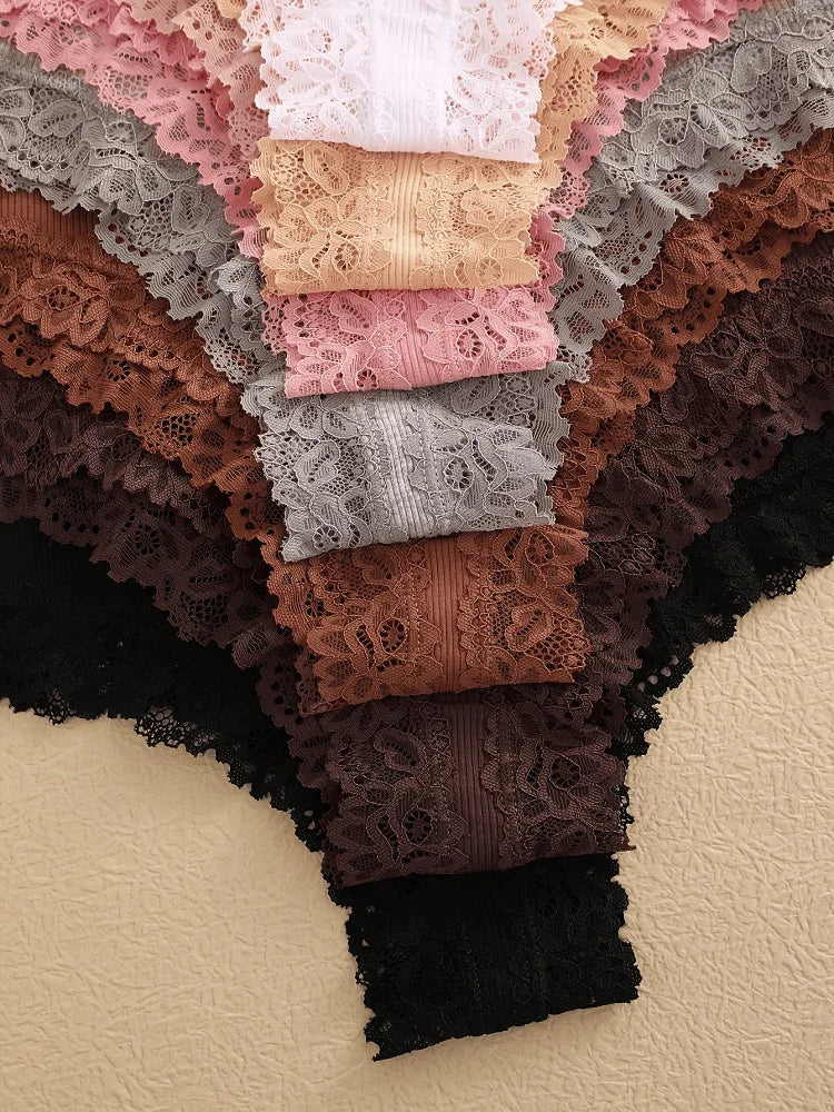 11PCS Women Lace Cotton Panties Seamless Brazilian Panties Sexy Low-Waist T-Back Bikini Female Breathable Underwear Lingerie