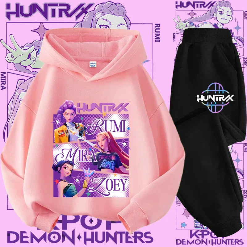 K-pop Demon Hunter New Children's Hoodie Set - Cute Girls' Casual Top for Kids,Boys' Sports Shirt with Cartoon Print-2-Piece Set