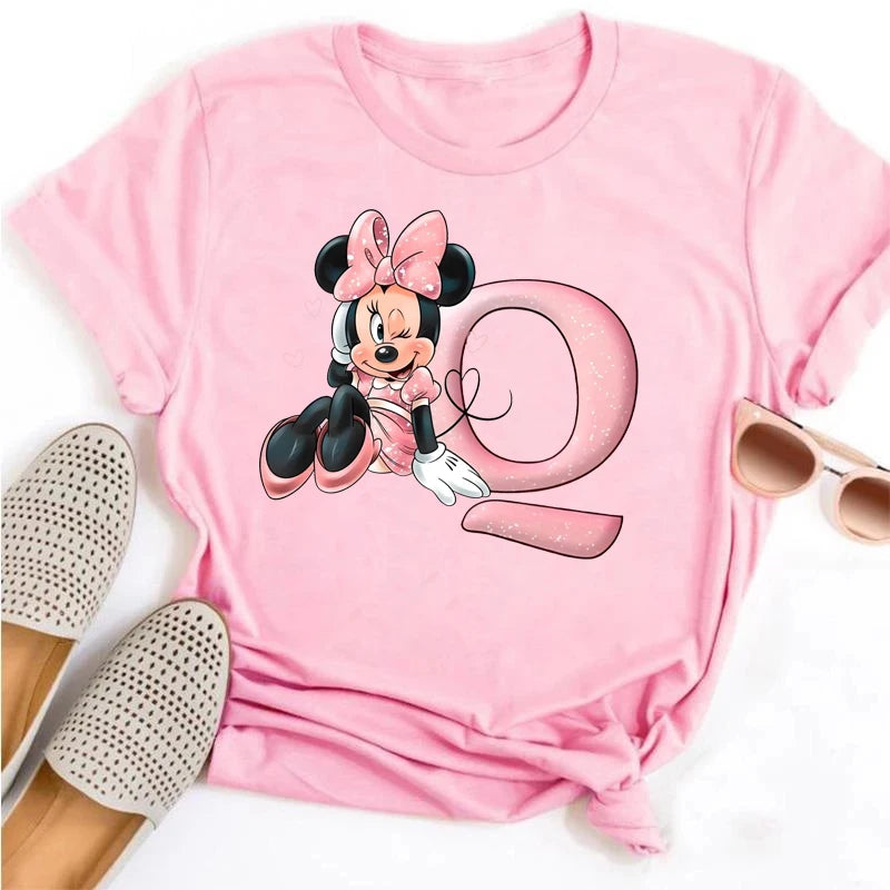 Disney Cartoon Minnie Mouse Letter A B C D E F Print Women Summer T Shirt Harajuku Casual Short Sleeves Pink Female Tshirts