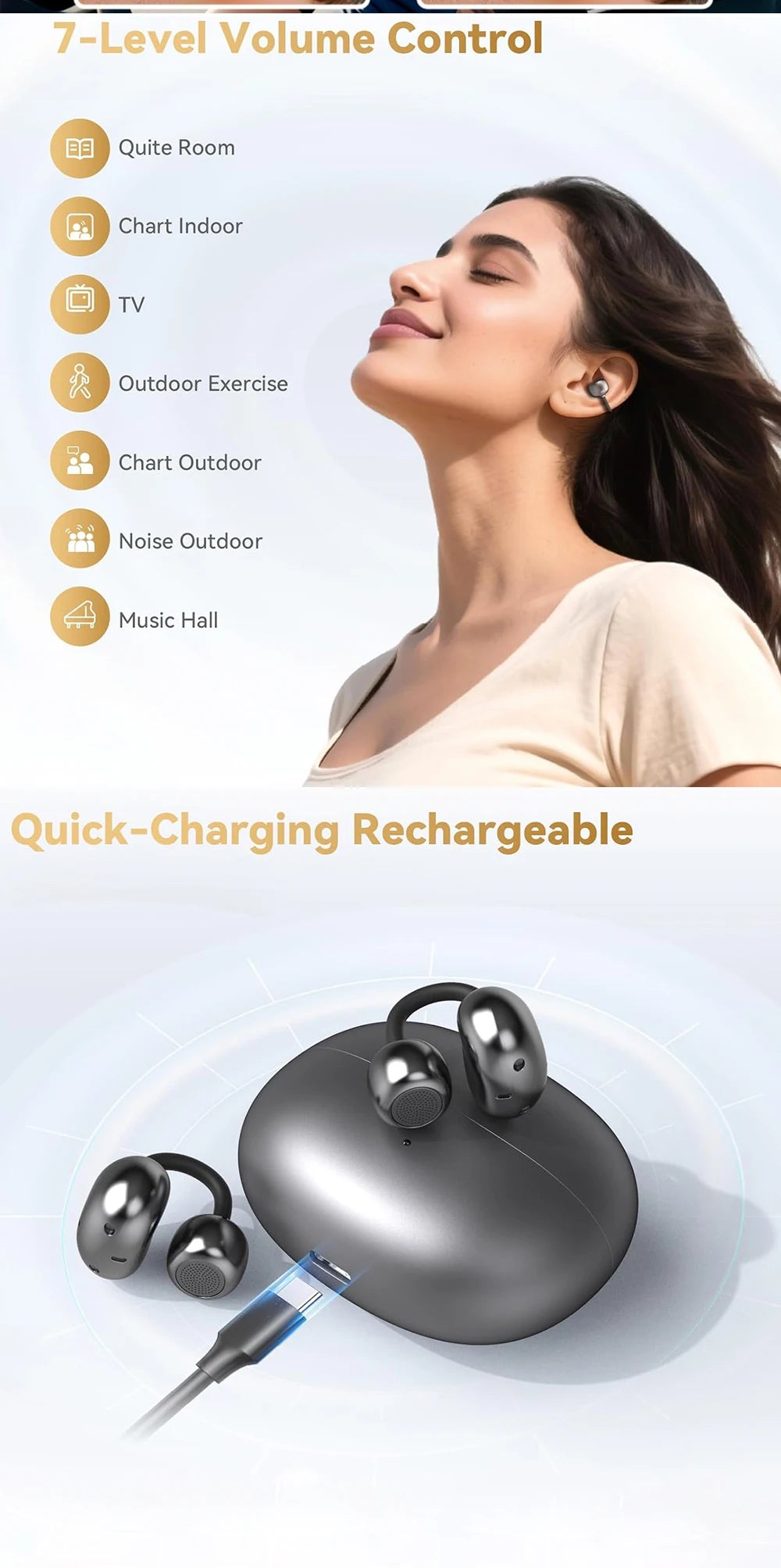 UYUXIO Wireless Headphone with BT 5.4 Clip on Open Ear Earbuds 72H Play Time Long-Battery Life Over Ear Buds for Sport Workouts