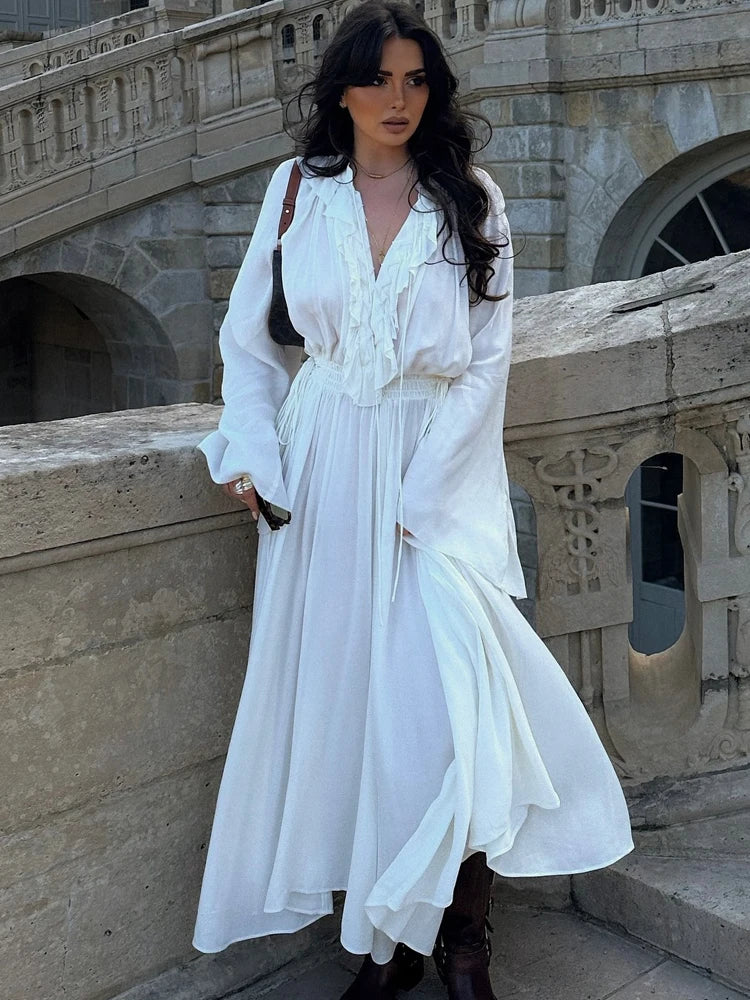 HH 2025 Summer Women's Beach Style Long Dress White V-neck Lace Drawstring Waist-hugging Women's Casual Dress Streetwear