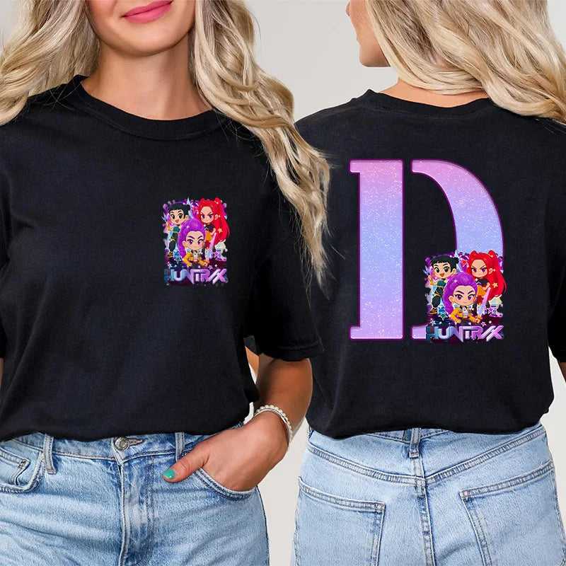 Fashion A-Z 26 Letter T-Shirts Kpop Demon Hunters Graphic Aesthetic Clothing Women T-Shirt Harajuku Female Clothing Y2k Tops