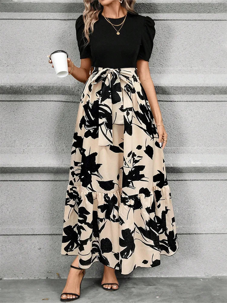 Elegant Floral Print Round Neck Long Dresses Women Short Sleeve High Waist Lace-up Office Lady Holiday Party Dresses Vestidos