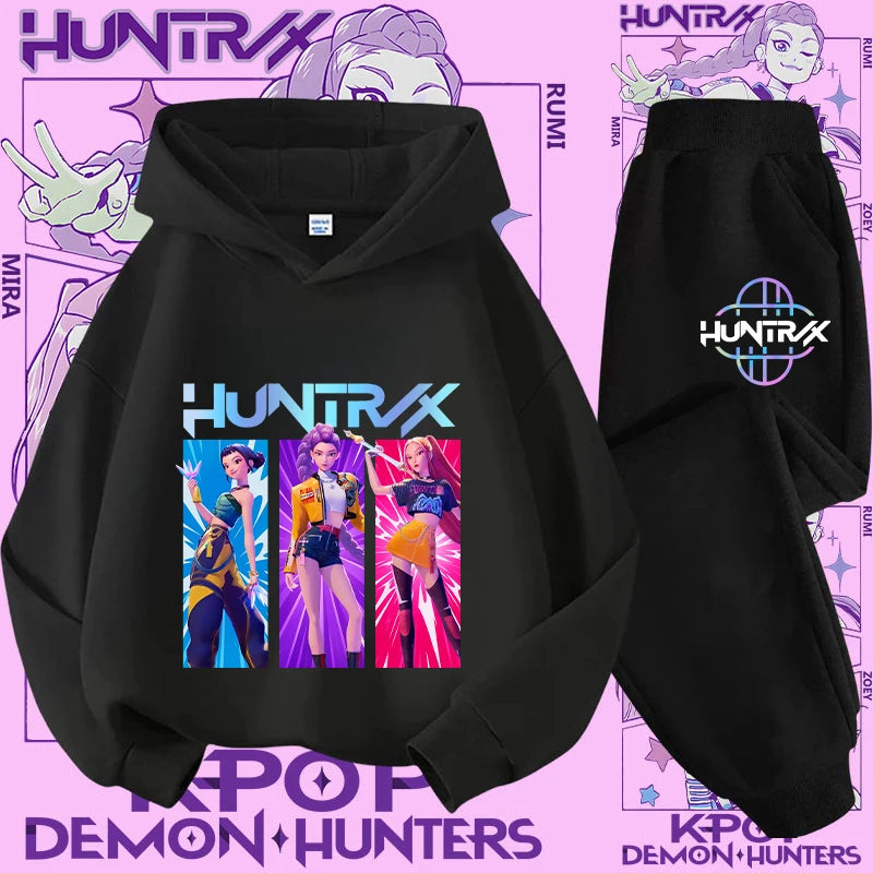 K-pop Demon Hunter New Children's Hoodie Set - Cute Girls' Casual Top for Kids,Boys' Sports Shirt with Cartoon Print-2-Piece Set