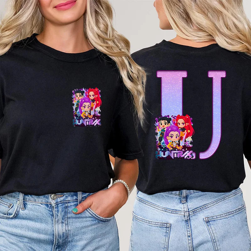 Fashion A-Z 26 Letter T-Shirts Kpop Demon Hunters Graphic Aesthetic Clothing Women T-Shirt Harajuku Female Clothing Y2k Tops