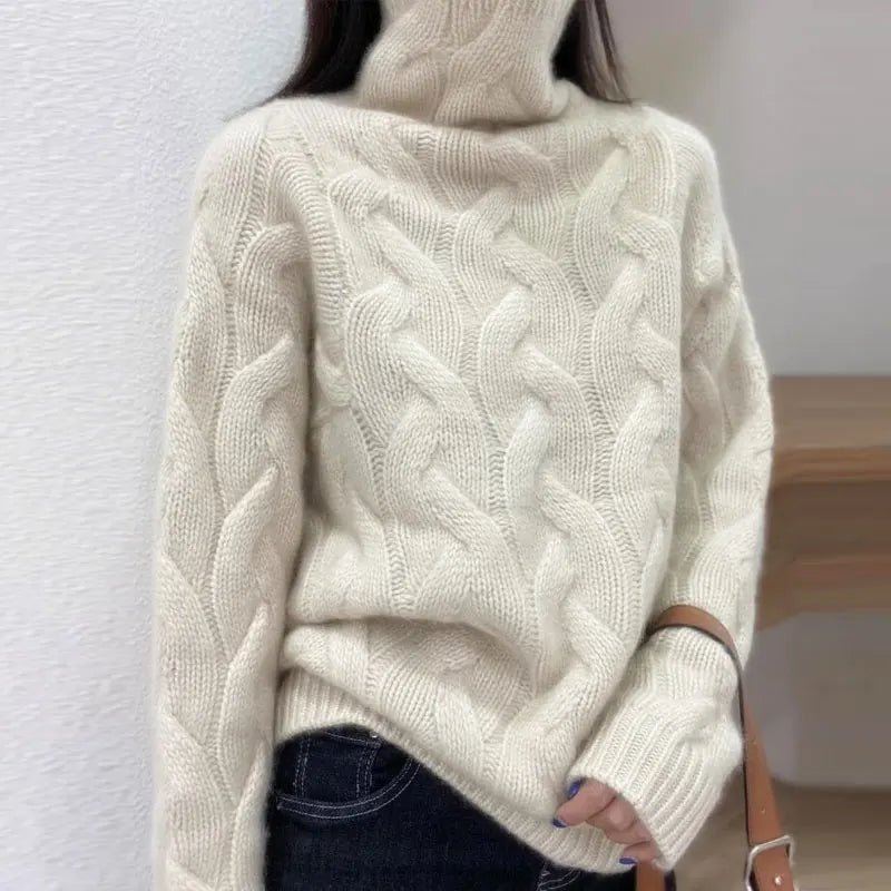 100% pure cashmere sweater women's autumn and winter high-necked loose twisted thick lazy wind bottoming plus size sweater