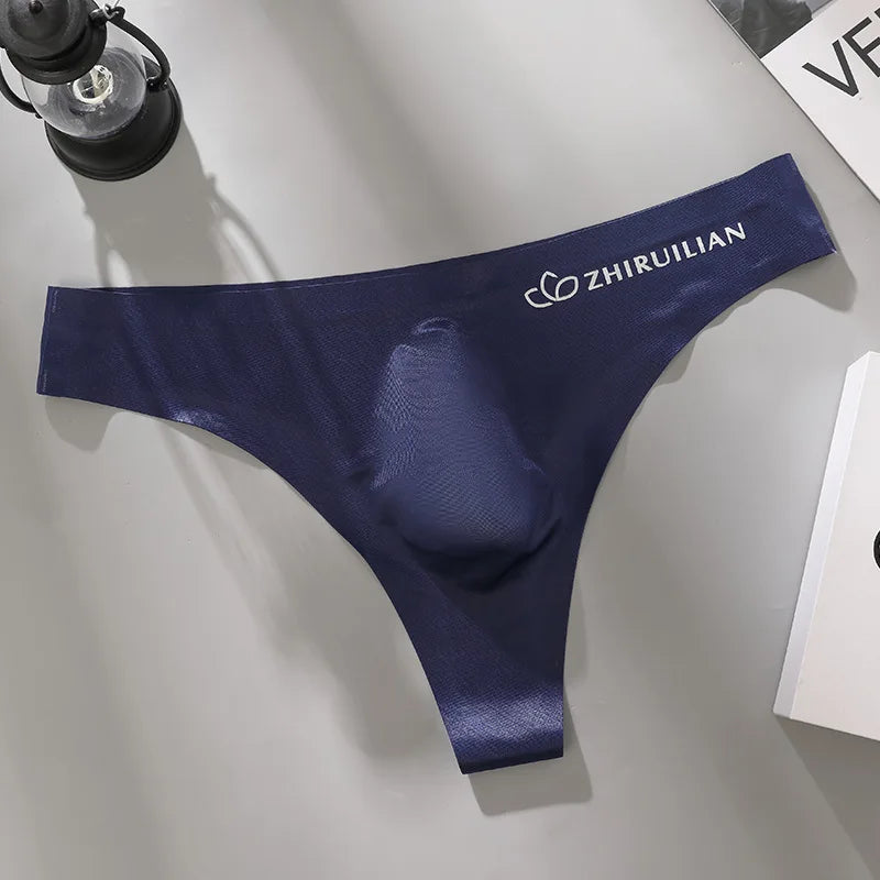 Men's Thongs Low Waist Underwear Sexy Ice Silk T-Back Panties Breathable Quick Drying G-string Seamless Ultra-thin Underpants