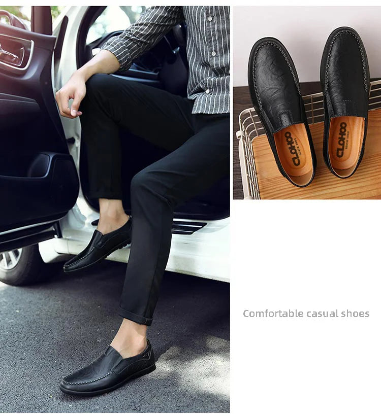 CLOHOO Men's Handmade Casual Loafers Anti-Slip Comfortable Slip-On Driving Comfortable Leather Shoes