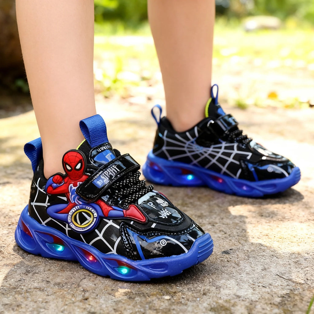 Boys Glowing Light Up Shoes Kids Leather Spider-Man Single Sneakers Kids LED Luminous Children's Shoes Kids Shiny Light Sneakers