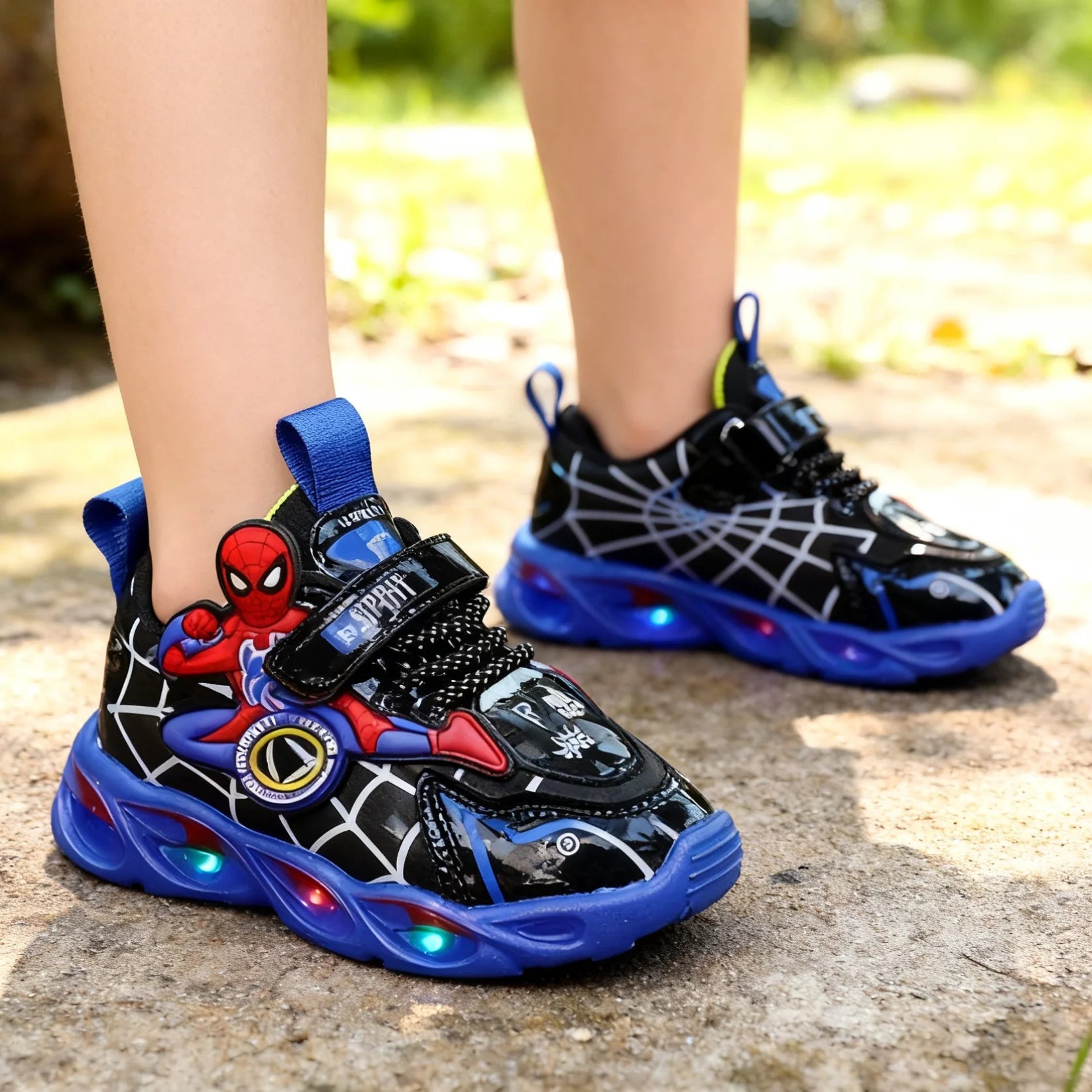 Boys Glowing Light Up Shoes Kids Leather Spider-Man Single Sneakers Kids LED Luminous Children's Shoes Kids Shiny Light Sneakers