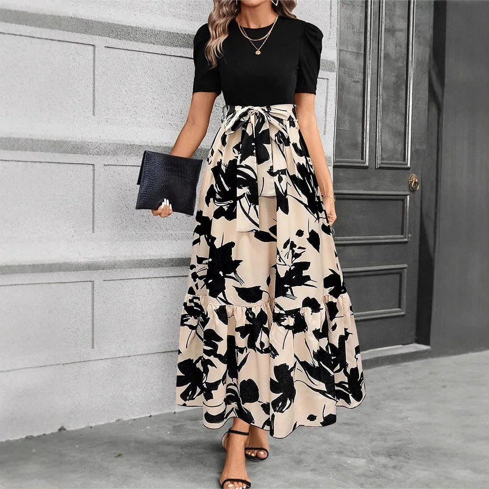 Elegant Floral Print Round Neck Long Dresses Women Short Sleeve High Waist Lace-up Office Lady Holiday Party Dresses Vestidos