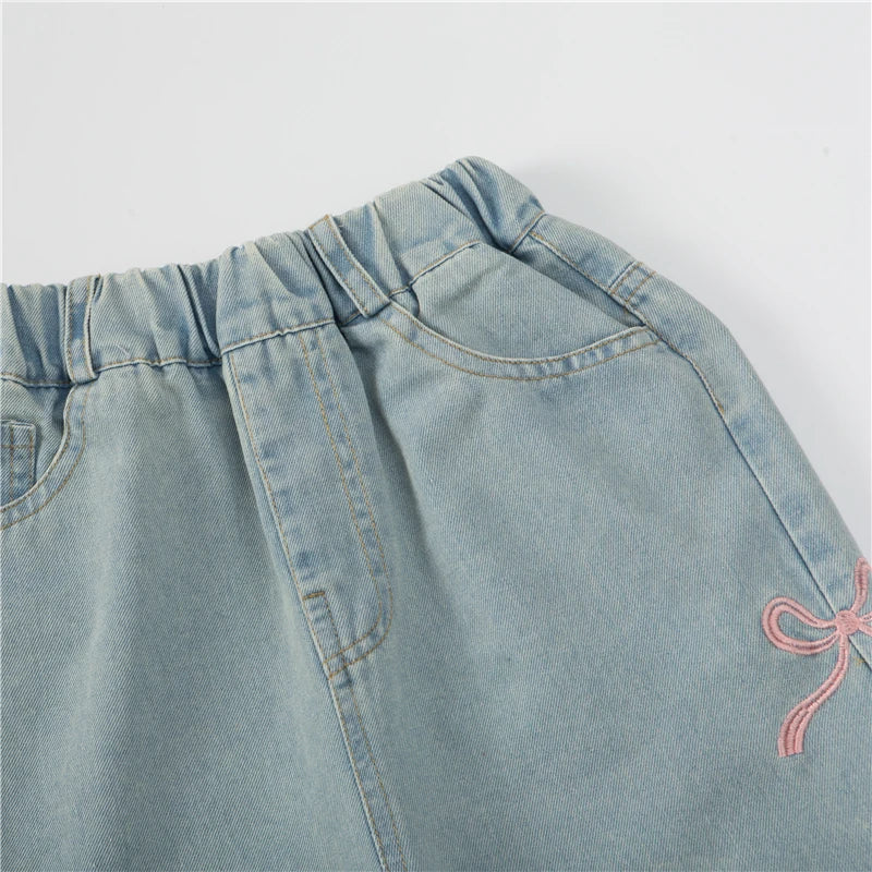 Autumn Kids Child Straight Jeans with Bows on The Side for Teens Girls Fashion Loose Fit Denim Pants Child Casual Jeans Trousers