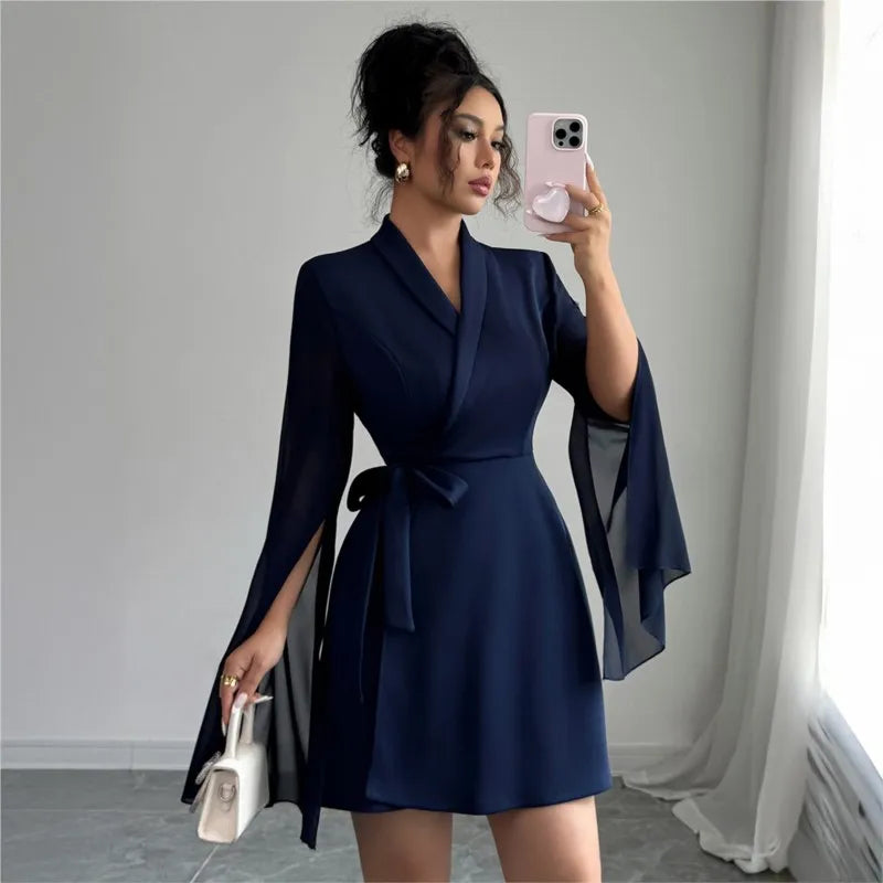 2025 Office Dress For Women Autumn Long Sleeve Formal Dress With Tied Waist Sexy V Neck Elegant Mini Dress Femme Korean Version