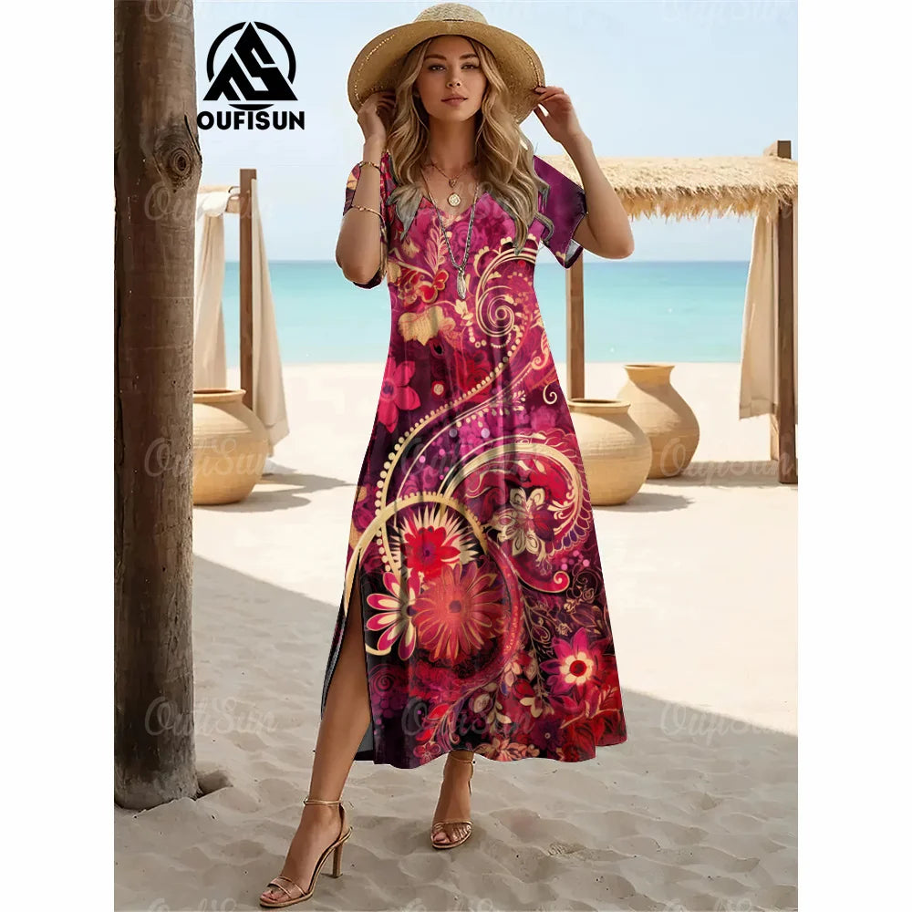 Elegant Womens Dresses Summer V-Neck Women's Clothing Vintage Woman Long Dress Fashions Evening Dress Loose Oversize Pullover