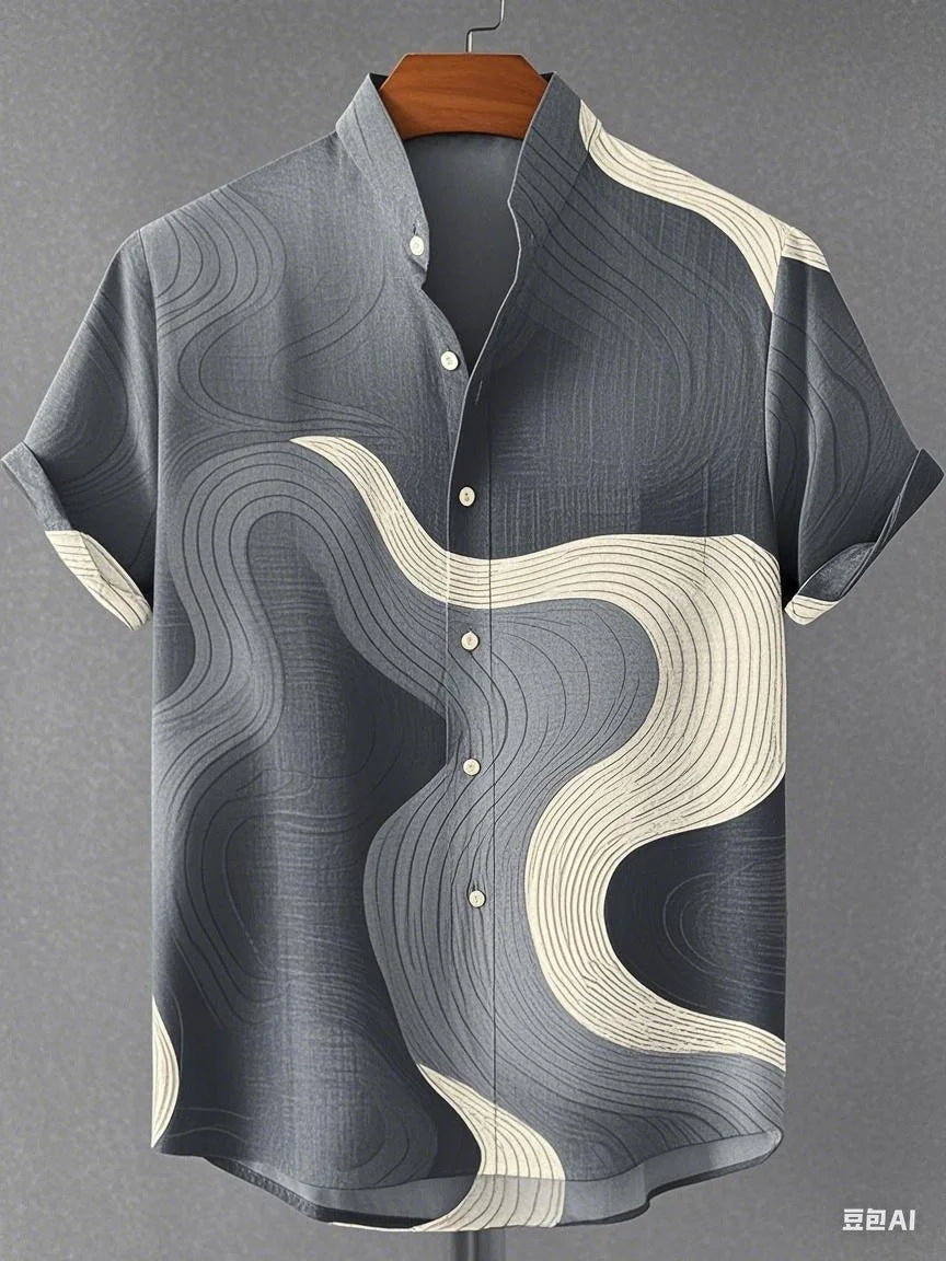 Chemise à manches longues et col montant pour homme, nouvelle collection printemps-automne, imprimée en 3D, rayures irrégulières