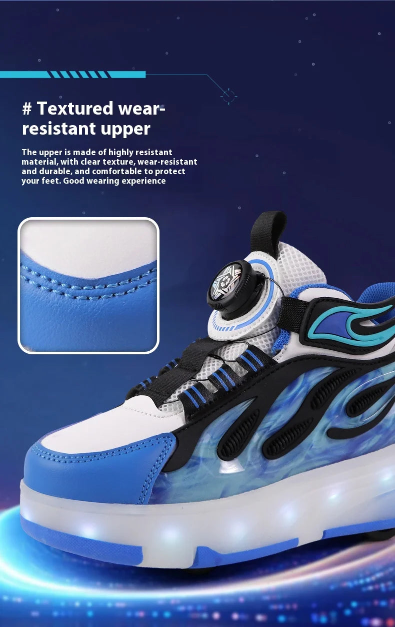 2025 New children's four-wheel novice light up rotary button automatic shrinkage fast walking shoes for boys sneakers