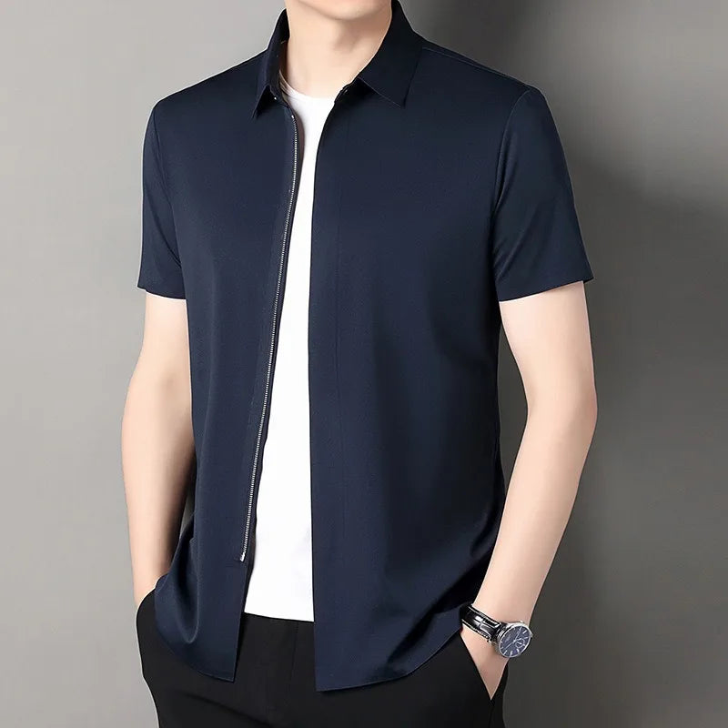 Quality Zipper Dress Shirts for Men Short Sleeve Business Non-iron Wrinkle Resistance Elastic Top New Western-style Formal Shirt